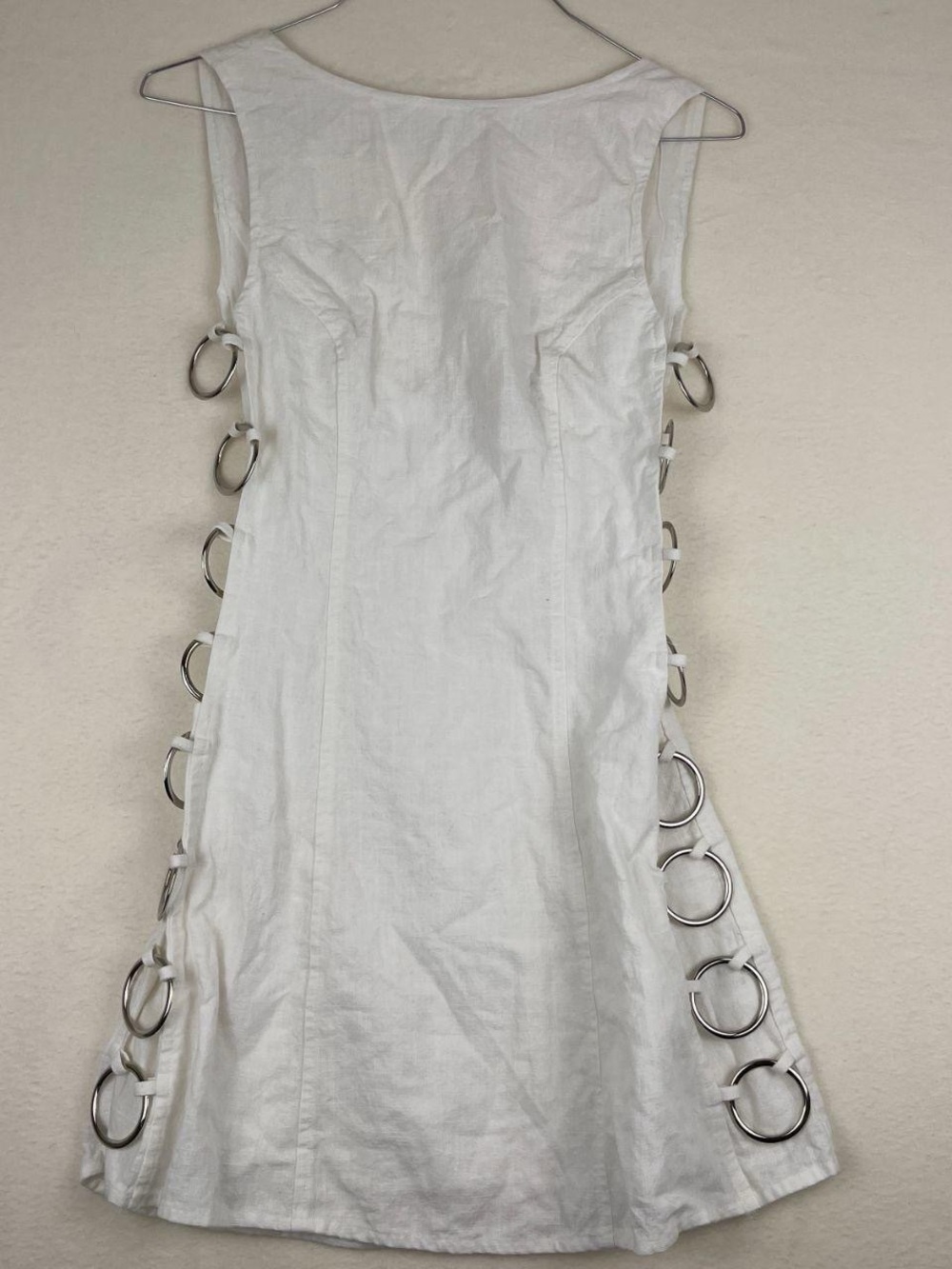 VRG GRL white discoteca mini dress metal o ring open sides xxs